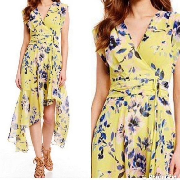 Eliza J Floral Print High Low Chiffon Yellow Floral Dress 6 - Picture 3 of 16